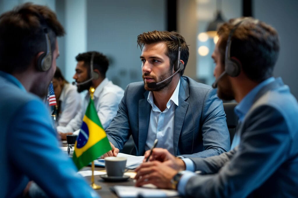 Profissionais em reunião de negócios multilíngue utilizando headsets para tradução simultânea, com bandeiras do Brasil e EUA na mesa de conferência.