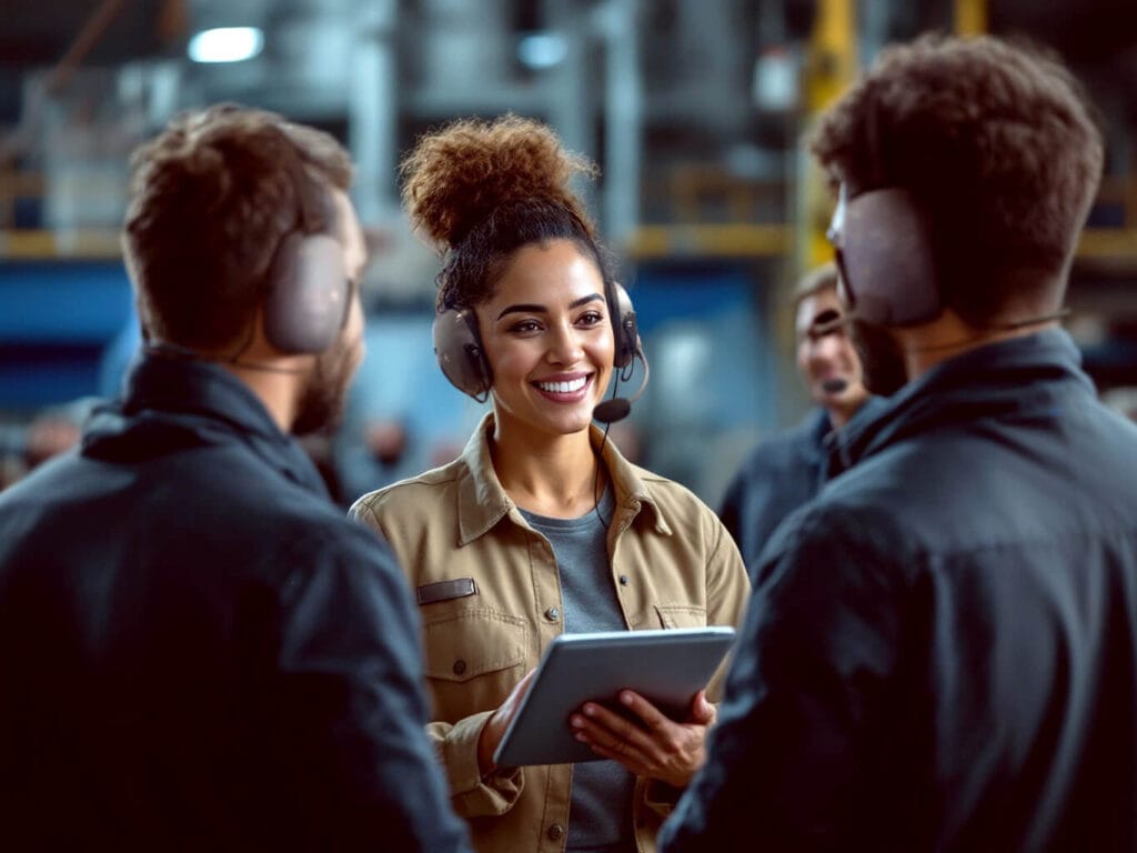 Guia de turismo industrial sorridente com headset e tablet conduzindo visita a uma fábrica, interagindo com dois visitantes também com headsets.